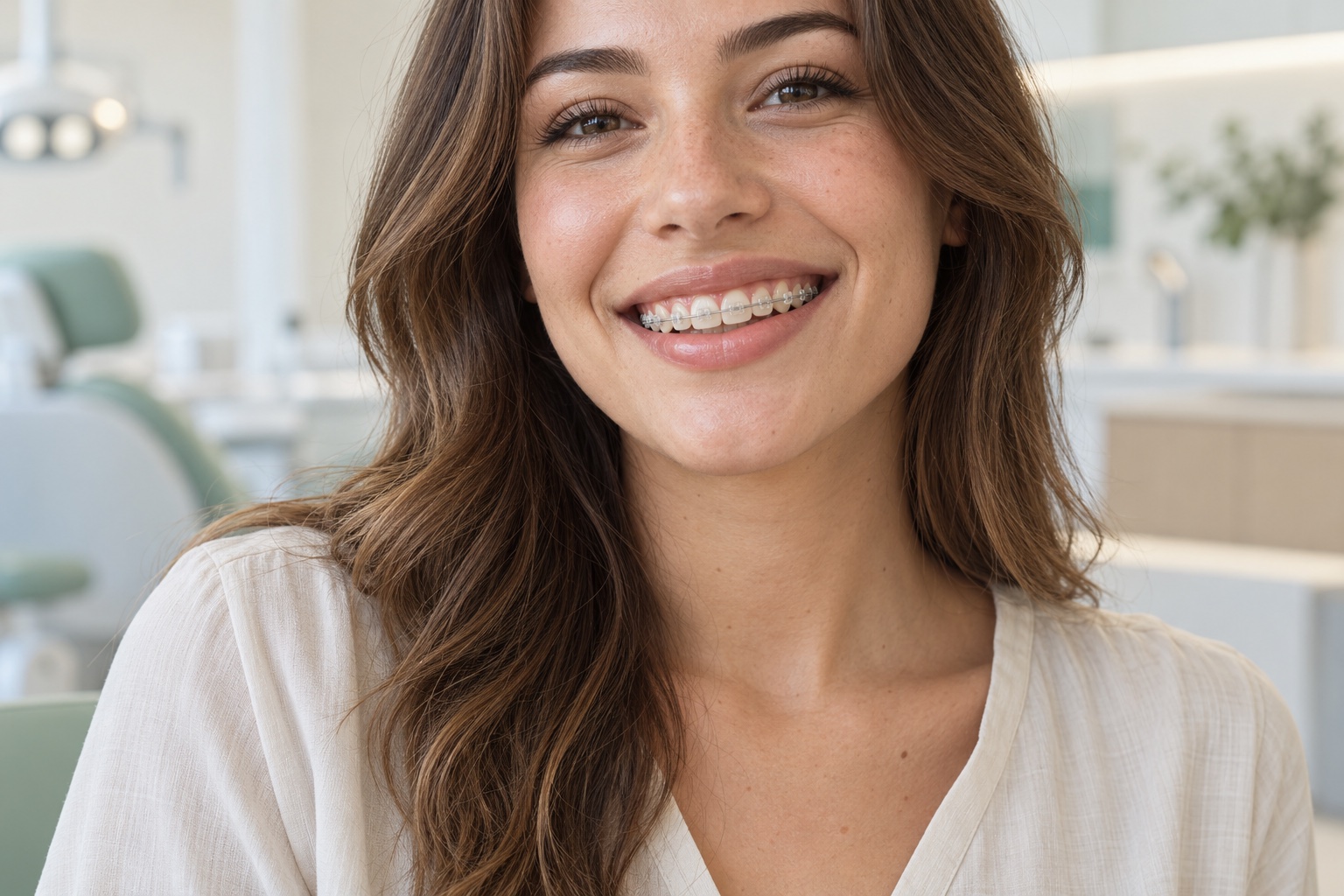 Imagen ilustrativa generada con IA: sonrisa con brackets estéticos de cerámica