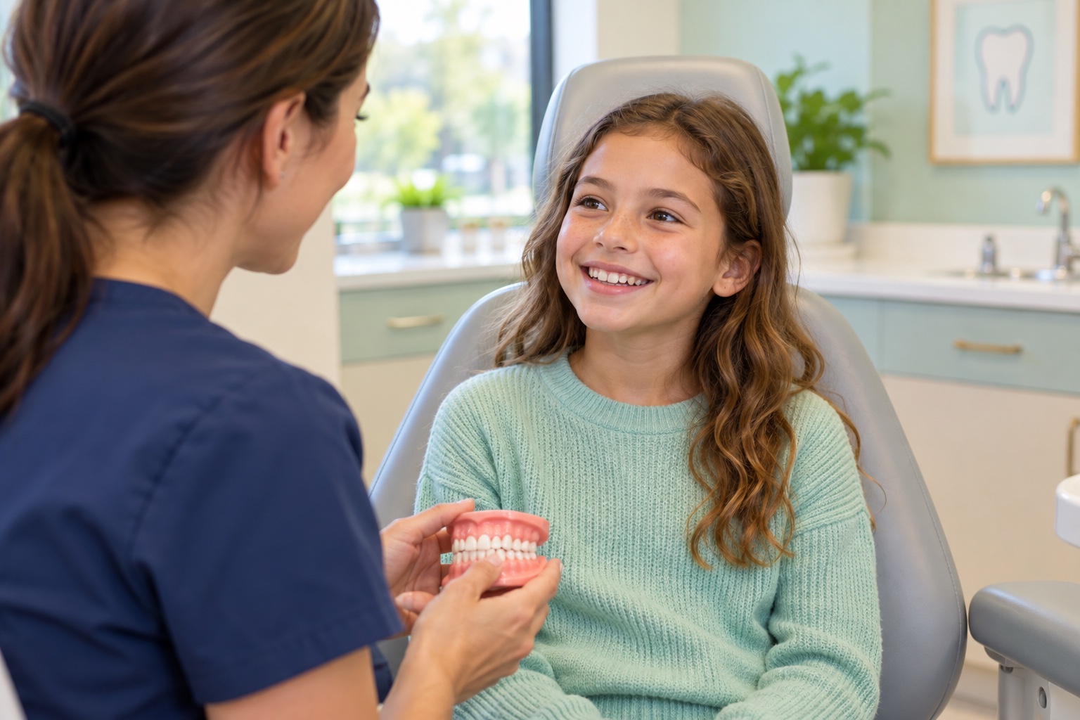Imagen ilustrativa generada con IA: niña conversando con una dentista durante una consulta de ortodoncia