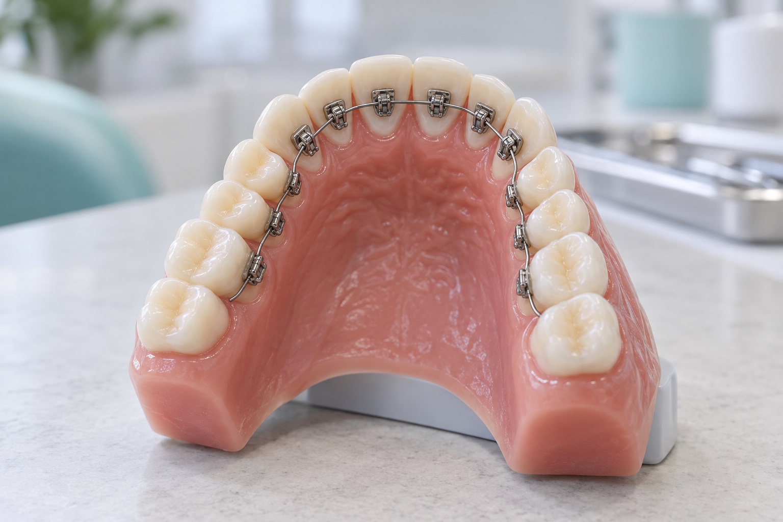 Modelo ilustrativo generado con IA de brackets linguales colocados en la cara interna de los dientes