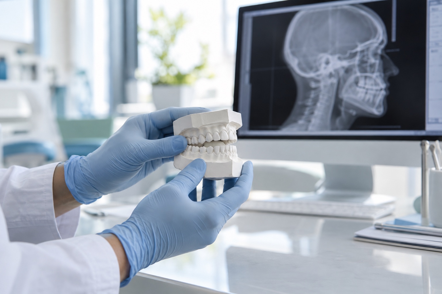 Imagen ilustrativa generada con IA de planificación ortodóncica previa a cirugía, con un modelo dental y estudio de perfil